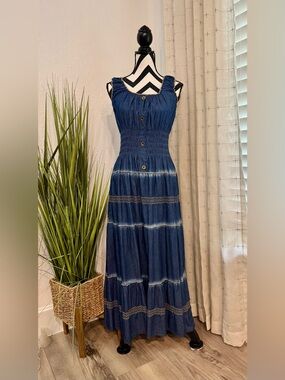 Indigo & Lace Sleeveless Blue Denim Maxi Dress with Smocked Waist